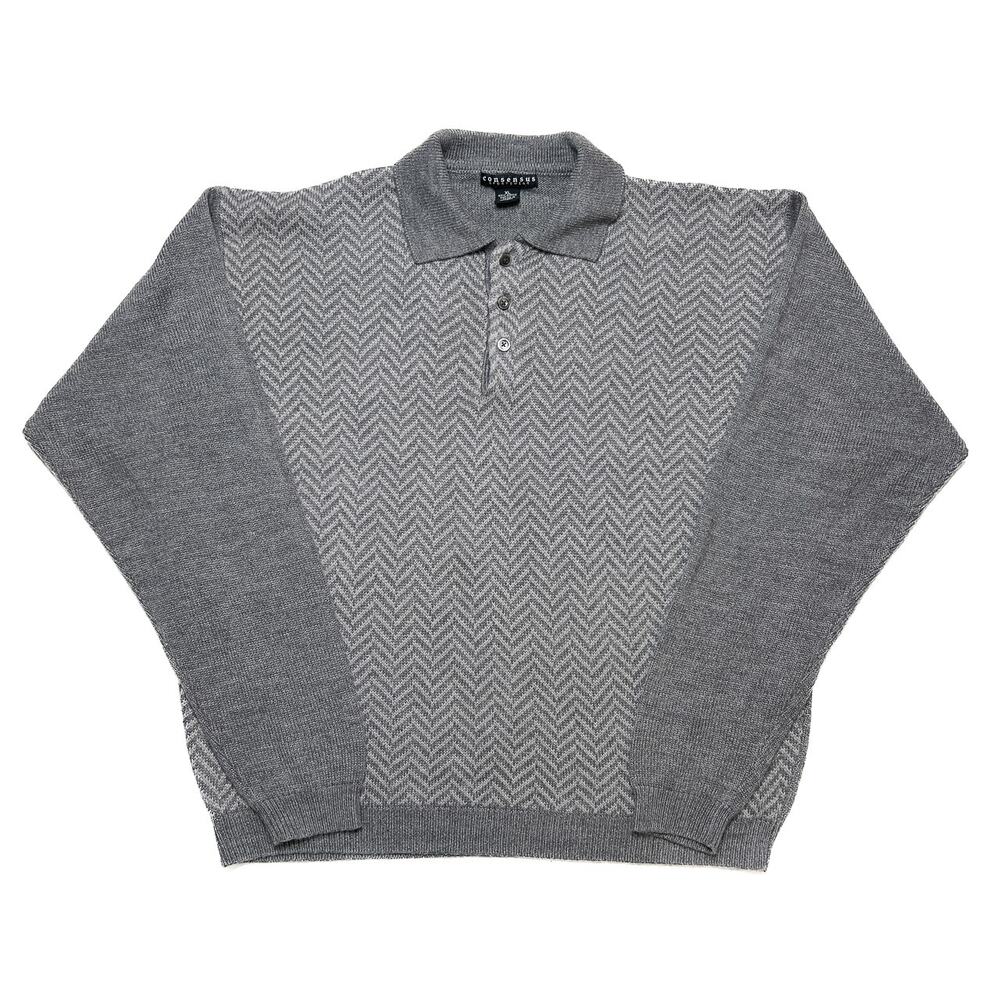 Consensus Sportswear Vintage Chevron Stripe Collared Sweater Gray Men's XL 90s